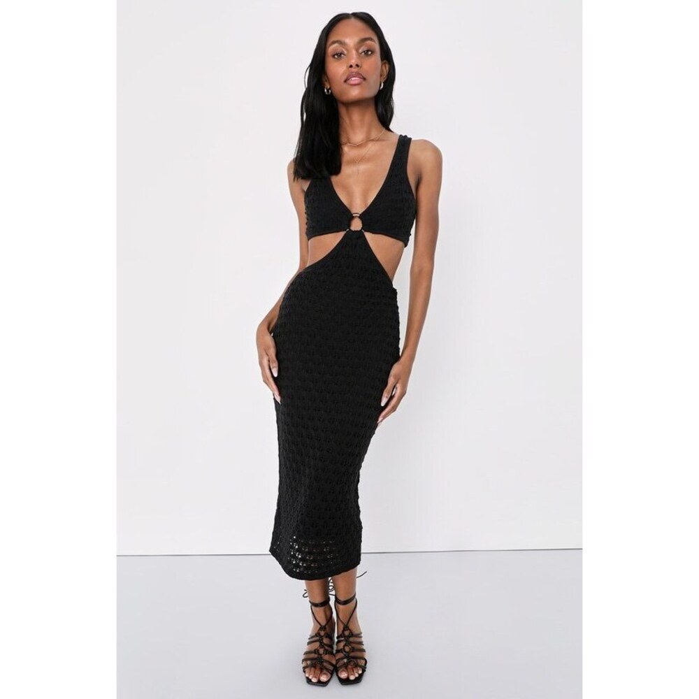 Lulus Beachside Bliss Black Knit Cutout Sleeveless Midi Dress - Size XS